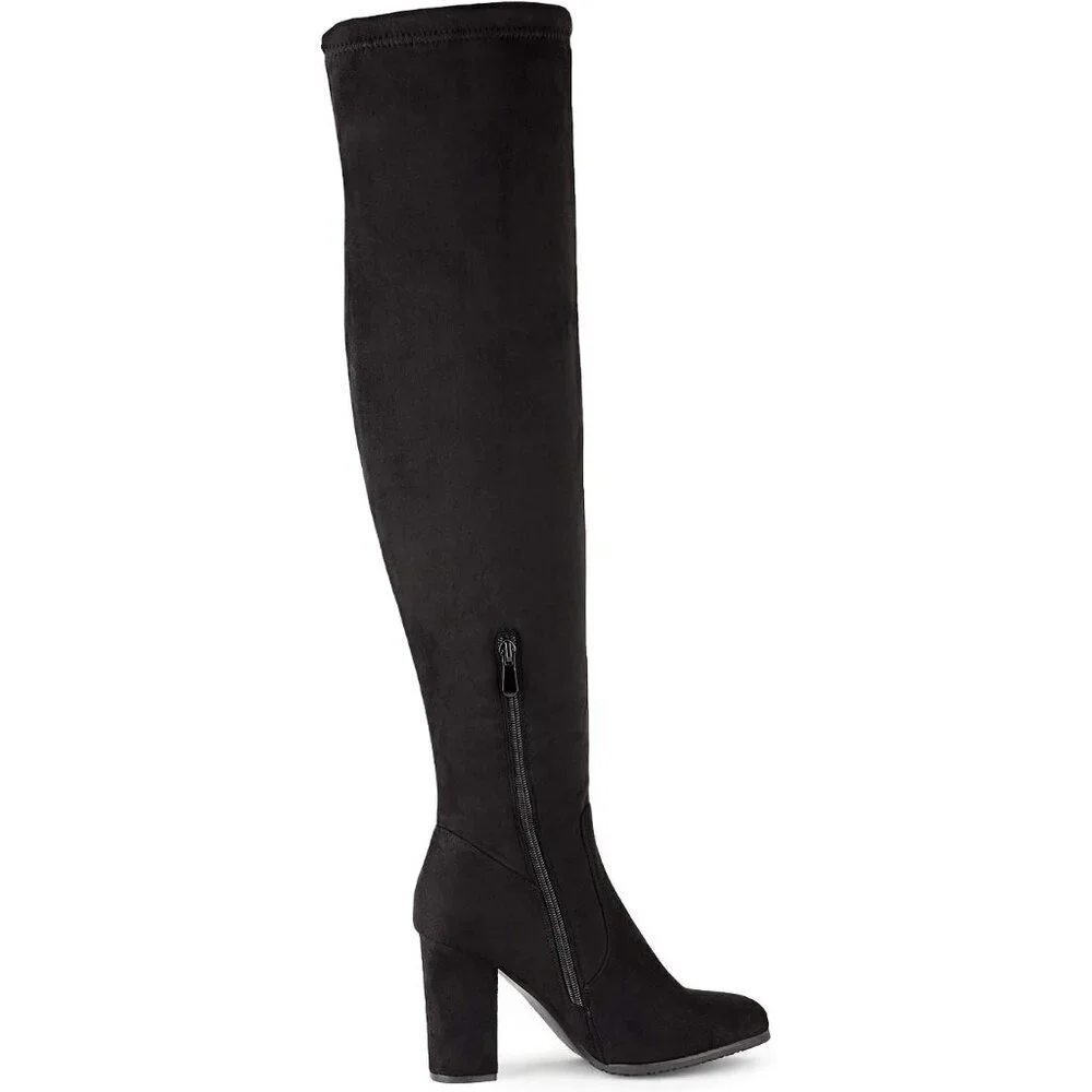 Women's Shoo-black Suede Thigh High Over The Knee Rounded Toe Fashion Boots